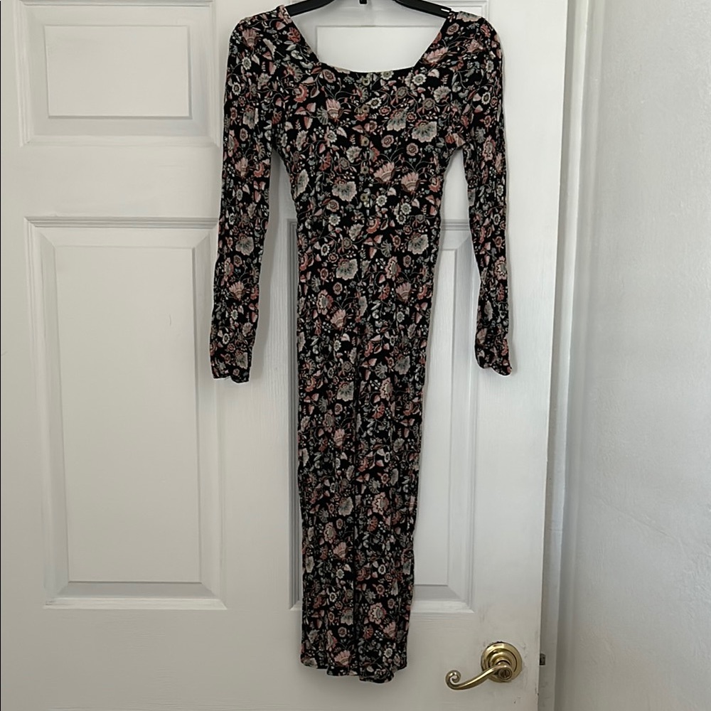 art class Black Floral Long-Sleeve pant jumpsuit with Pink Accents